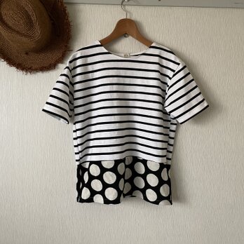 水玉プリントボーダー切替Tシャツ　白黒Fの画像