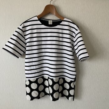 水玉プリントボーダー切替Tシャツ　白黒Fの画像