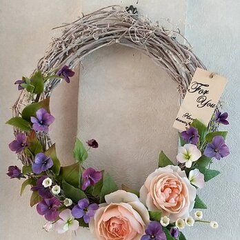 ☆クレイフラワー作品（薔薇とスミレのリース）☆の画像