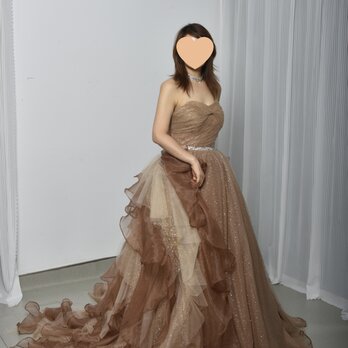豪華！カーキ色 カラードレス ベアトップ キラキラグリッターチュール 豪華なバックリボン 編み上げ 前撮りの画像