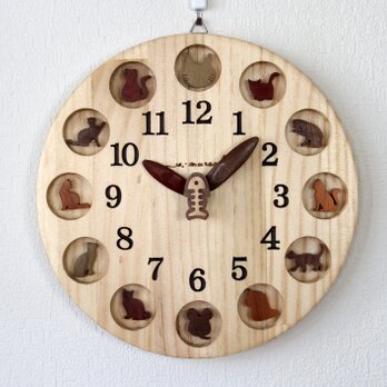 猫時計　25ｃｍ (パイン)の画像
