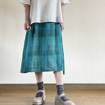 手織りAラインスカート(ブルーグリーン）の画像