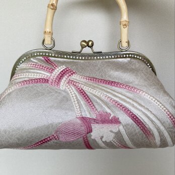 ★ がまぐち白木バンブーバッグ・ シルバー×ピンク組みひも柄刺繍★の画像