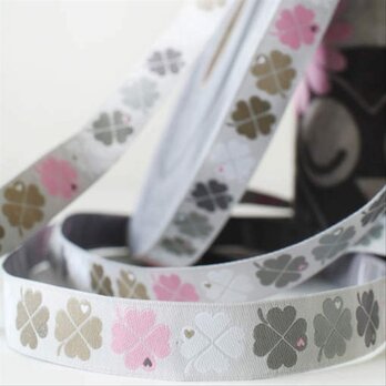ドイツFB 刺繍リボン1m 四つ葉のクローバー グレーXピンク　R-0609　ハートの画像