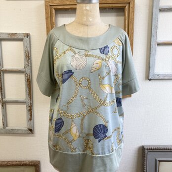 夏のマリンTシャツ❤️貝殻の切り替えしTシャツ 水色（サイズフリーL）の画像