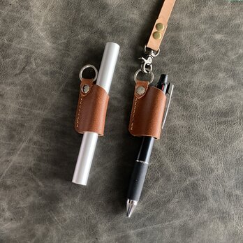 【SSヌメ床革 ﾌﾞﾗｳﾝ】直径14ｍｍのペンが入る筒状ペンホルダー  240712の画像