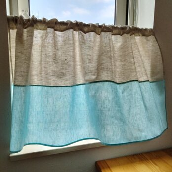 ♥シンプル綿麻カーテン♥空色カラーとナチュラル♥2段パッチカフェカーテンの画像