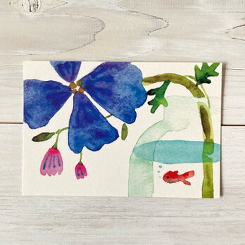 ポストカード2枚セット・水彩「花と金魚」の画像