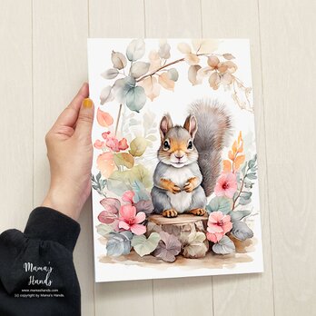 A4 ポスター 可愛い リス ボタニカル フラワー 花 水彩画 イラスト アートの画像