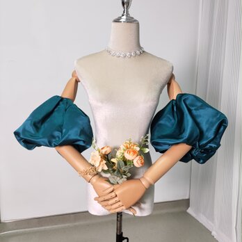 パフスリーブ 取り外し ジュエルブルー ストレッチ 色直し 光沢サテン 花嫁/ウェディングドレスの画像