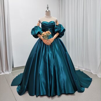 クラシカル カラードレス ジュエルブルー ベアトップ パフスリーブ ファスナー 花嫁/前撮りの画像