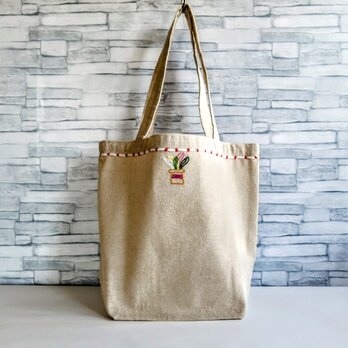 【手刺繍】カラフルな観葉植物　トートバッグ　ショルダーバッグ　ベージュ　エコバッグ　レッスンバッグ　オーダーメイドの画像