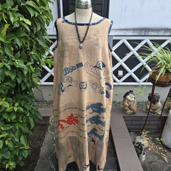 着物リメイク　手作り　柿渋染め　パーマン　手ぬぐい　パッチ　ジャンパースカート