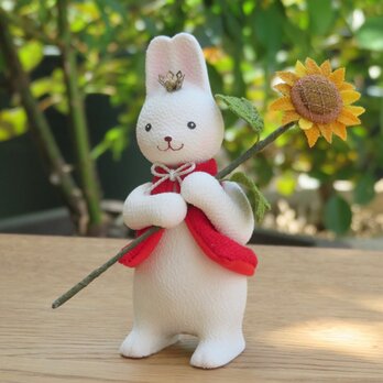 夏飾り【福福うさぎ 　向日葵セット】正絹縮緬人形　夏　コンパクト　置物　季節飾り　ちりめん　お盆　暑中　残暑　ギフトの画像
