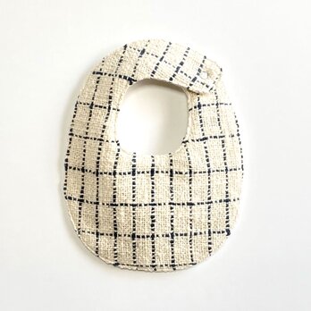 両面手織りベビースタイ（オーガニックコットン100％）リバーシブル：ネイビーとキナリの格子＆絣グレーの画像