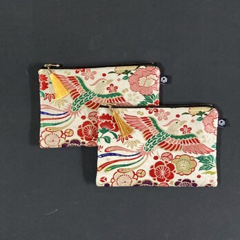 おびポーチ≪小≫　丸帯×とり　着物リメイク　フラットファスナーポーチ　の画像