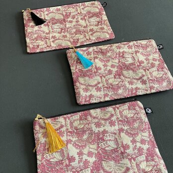 おびポーチ≪小≫　PINK×ちょう　着物リメイク　フラットファスナーポーチ　の画像