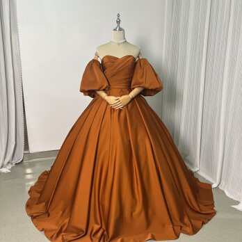 カラードレス テラコッタ色 2ways パフスリーブ 高級イタリアサテン プリンセスライン 結婚式の画像