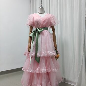 パーティードレス ピンク ミモレ丈 ファスナー オーガンジー 可愛い プリンセスライン 前撮りの画像