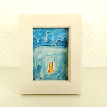 アレンジOKなオーダー制作｜原画「夜空」※木製ミニ額縁入り　（犬　犬の絵　柴犬）の画像