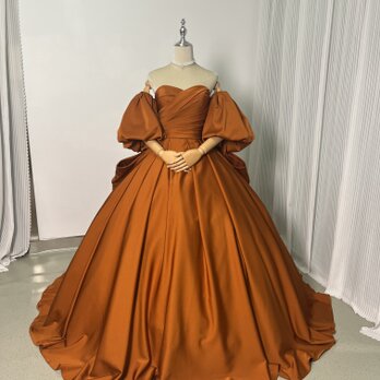 カラードレス テラコッタ色 3ways パフスリーブ 高級イタリアサテン プリンセスライン 豪華なバックリボン 結婚式の画像