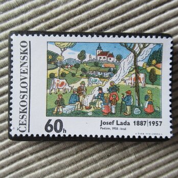 チェコスロバキア　切手ブローチ　9829