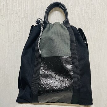 コーデュラナイロンの巾着型2wayトートバック・パッチワークの画像