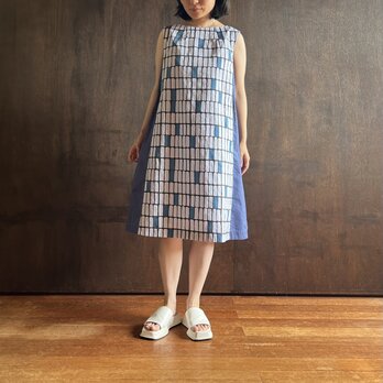 ノースリーブ・コンビネーションドレス　ブルーブロック／アッシュブルーの画像