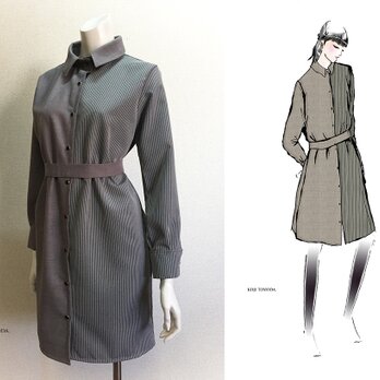 【1点もの・デザイン画付き】アパレルブランドストレッチツイル生地＆T/C先染め生地シャツ型ワンピース（KOJI TOYODA）の画像