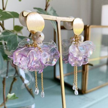 バレエチュチュ衣装のようなパープル＆淡水パール・ピアス バレエコアの画像
