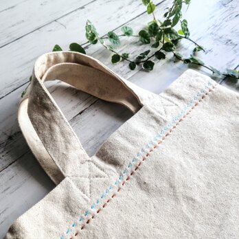 【刺繍】ミニトートバッグ　2色のライン　生成り　帆布　コットン　Sサイズ　手提げ　ランチバッグ　オーダーメイド　名入れの画像