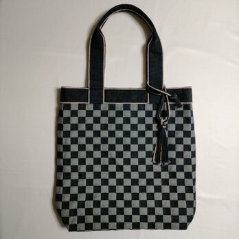 トートバック 市松模様ジャガードデニム　セルビッチデニムテープ　タッセル付の画像