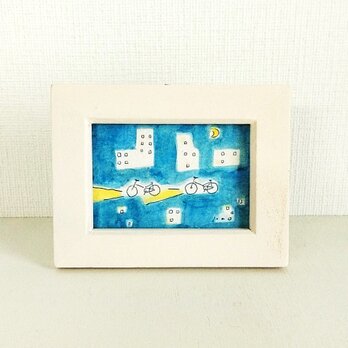 オーダー制作｜原画「三日月の夜に」※木製ミニ額縁入り（水彩　絵画　ペン画）の画像