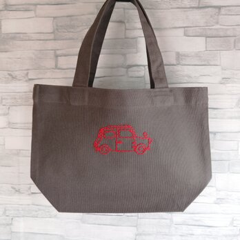 ミニトートバッグ　車の刺繍　グレー　帆布　コットン　ランチバッグ　エコバッグ　手提げ　男の子　Sサイズ　オーダーメイドの画像