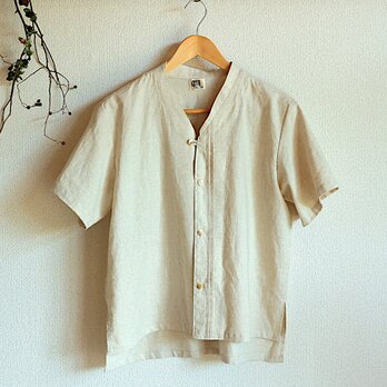 アシンメトリーカラータックシャツ(生成り/麻混綿/半袖/unisex S)の画像