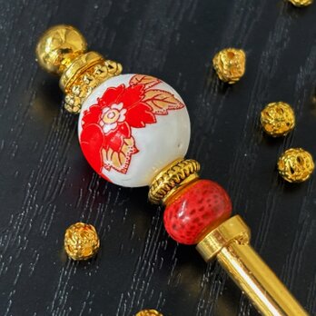 かんざし　牡丹の花柄陶器ビーズ　一本挿し　一本簪の画像