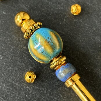かんざし　かぼちゃの様な陶器ビーズ　水色　ブルー　一本挿し　一本簪　の画像