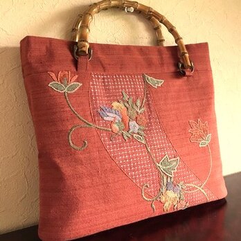 花唐草 花喰鳥 刺繍 名古屋帯の竹の手手提の画像