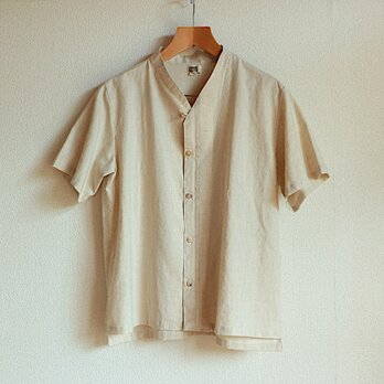 アシンメトリーカラータックシャツ(生成り/麻混綿/半袖/unisex M)の画像