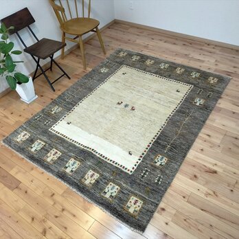 冬の目玉品キャン】ペルシャ ギャッベ 195x153cm ベージュ グレー パネル RJ10714の画像
