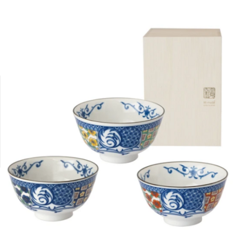 ◆新品◆　加藤五陶兵衛造 美濃焼染付藍染小紋柄茶碗３点セット【木箱】1個のサイズφ12×h6.5cmの画像