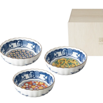 ◆新品◆　加藤五陶兵衛造 美濃焼染付藍染小紋柄小鉢揃え３点セット【木箱】1個のサイズ4.5寸鉢　φ14×h5cmの画像