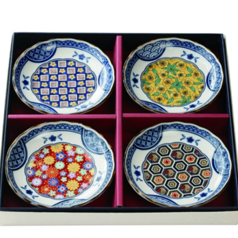 ◆新品◆　加藤五陶兵衛造 美濃焼染付藍染小紋柄小皿揃え4点セット【化粧箱】1個のサイズ3.5寸皿　φ12×h3cmの画像