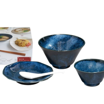 【大特価】【新品】 窯変中華　ラーメンチャーハン（紺）セット 【紙箱】ラーメン丼　Φ17×H9.5cm　900mlの画像
