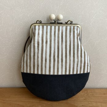 ベージュ ストライプ 革持ち手付き がまぐち