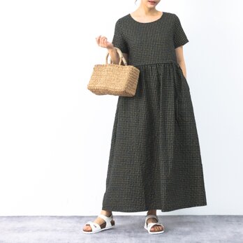 新作**大人のカラフルチェック柄　コットン　ギャザー　ロングワンピース ♪オーダーサイズ可の画像