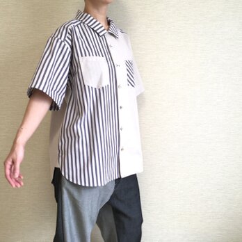半袖ゆるっとシャツ009/グレーストライプ×ベージュの画像