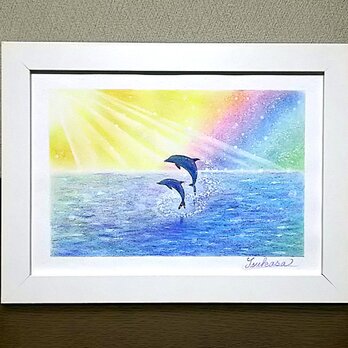 海とイルカのパステルアート　虹色の黄昏空　パステル画原画の画像