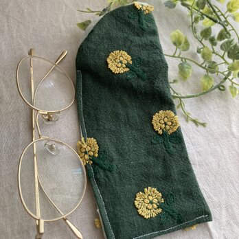 ハンドメイド♡メガネケース♡北欧タンポポ刺繍グリーン♡♡スリムタイプの画像