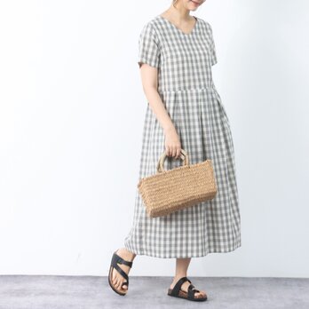 新作**チェック柄　コットン　Vネック　ウェストタックワンピース ♪オーダーサイズ可の画像